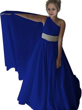 Girls One-Shoulder Royal Blue Formal Dress with Sparkle Waistband